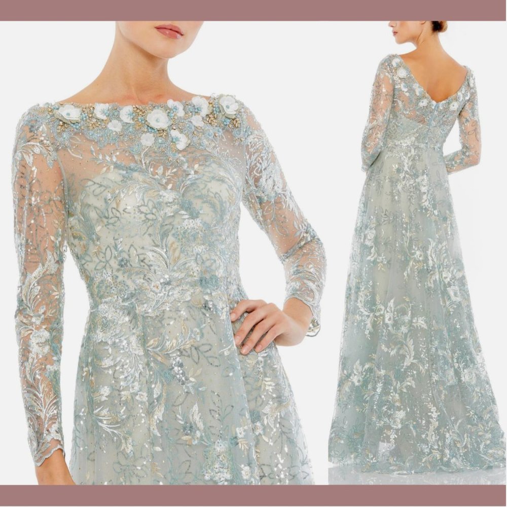 NWT$798 Mac Duggal [ 12 ] Floral Embroidered‎ Illusion Long Sleeve Gown Mist